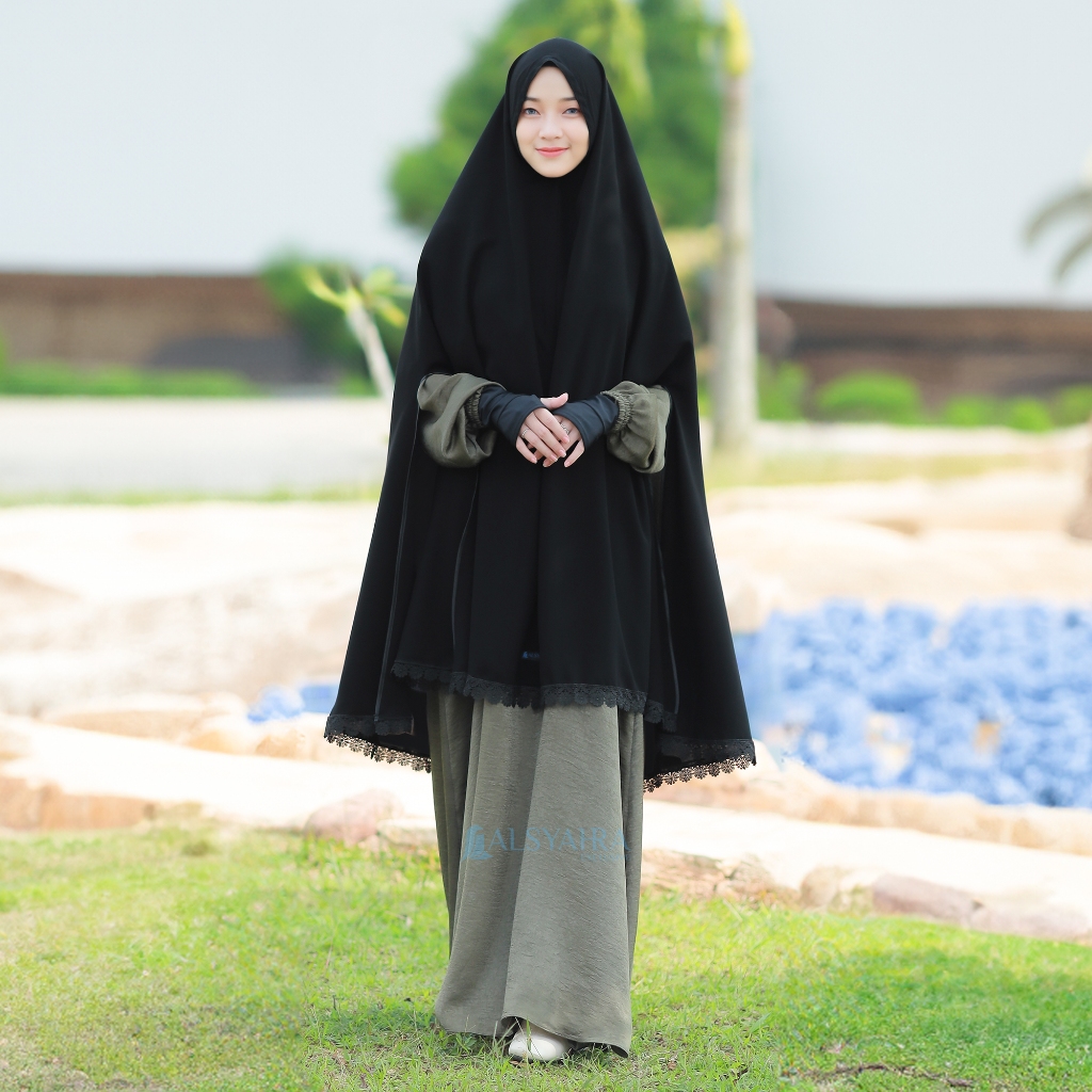 Alsyahra Exclusive - Set Khimar Syari Handsplit Al Shams Niqab Poni Jetblack