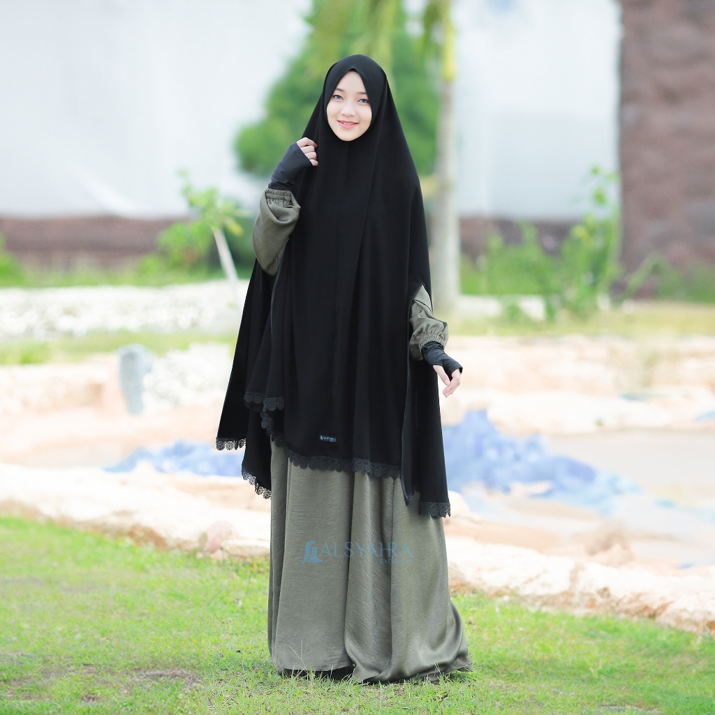 Alsyahra Exclusive - Set Khimar Syari Handsplit Al Shams Niqab Poni Jetblack