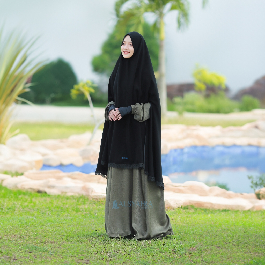 Alsyahra Exclusive - Set Khimar Syari Handsplit Al Shams Niqab Poni Jetblack