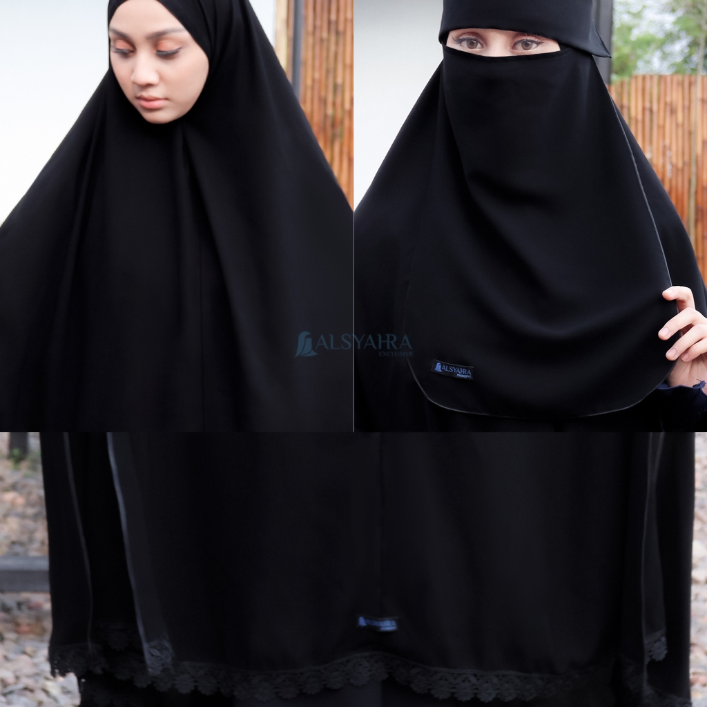Alsyahra Exclusive - Set Khimar Syari Handsplit Al Shams Niqab Poni Jetblack