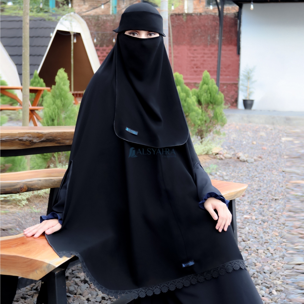 Alsyahra Exclusive - Set Khimar Syari Handsplit Al Shams Niqab Poni Jetblack
