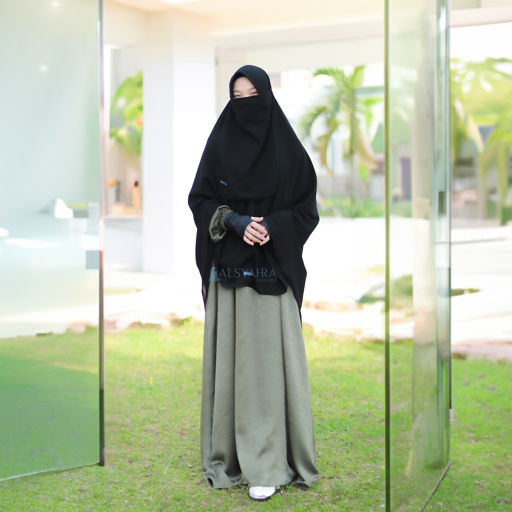 Alsyahra Exclusive - Set Khimar Syari Marwah PAD Cadar Tali Jetblack Size XL