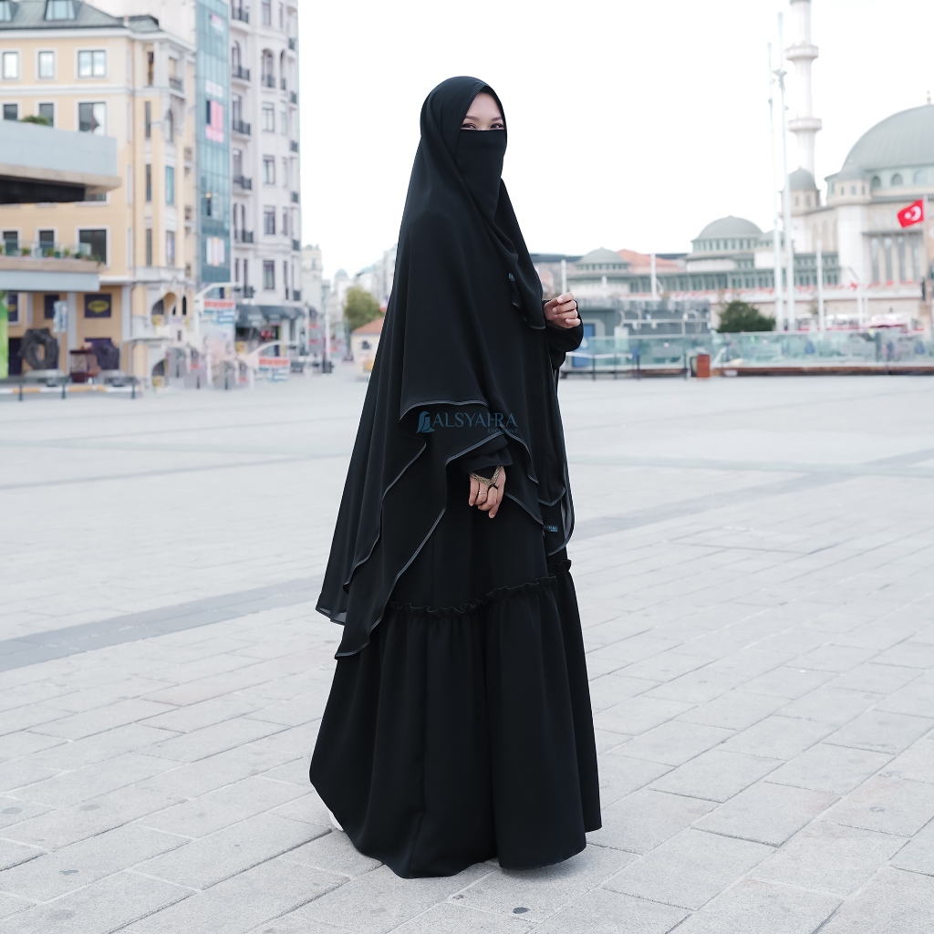 Alsyahra Exclusive - Set Khimar Syari Shofa Bisban 2 Layer Cadar Sifon Silk Jetblack Size XXL