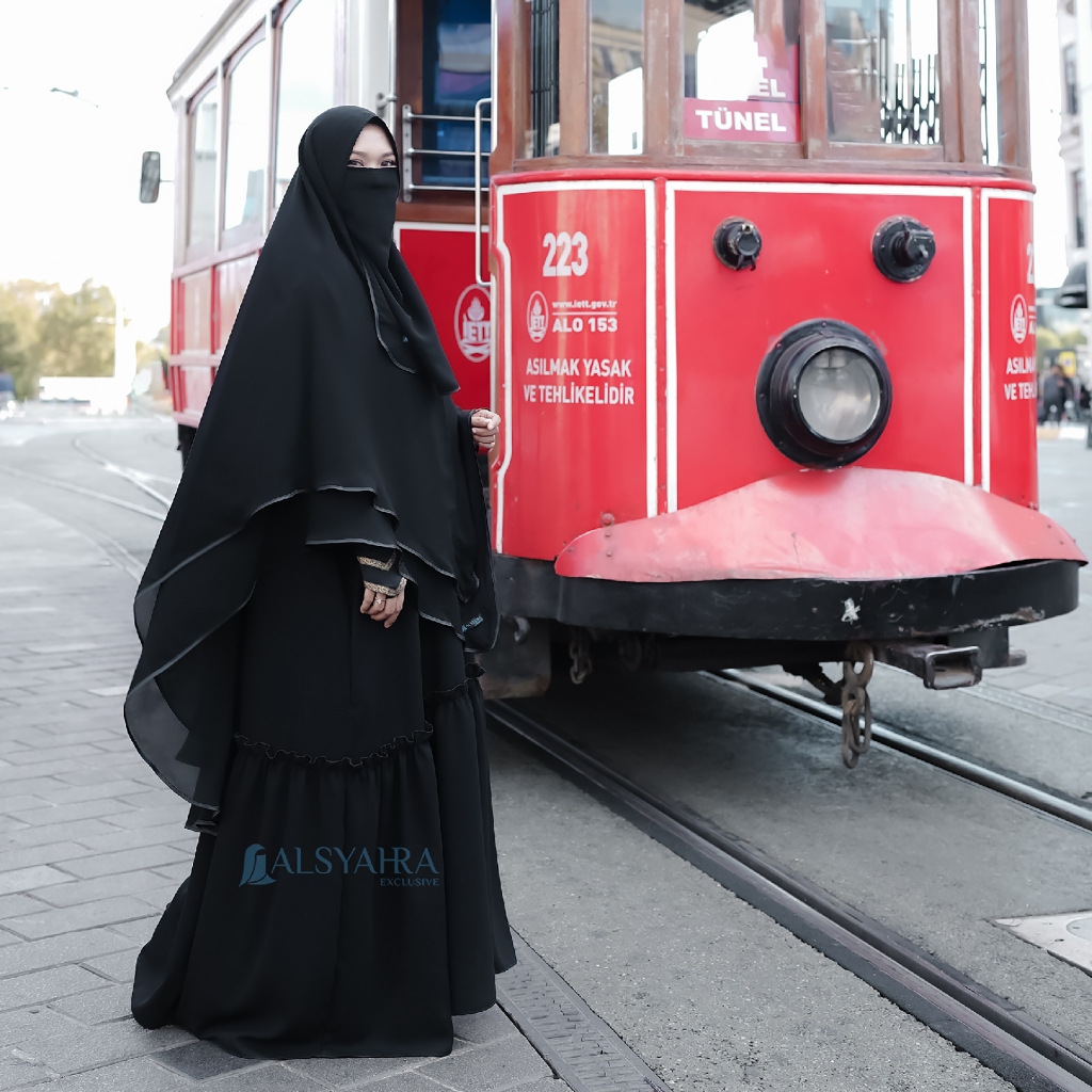 Alsyahra Exclusive - Set Khimar Syari Shofa Bisban 2 Layer Cadar Sifon Silk Jetblack Size XXL