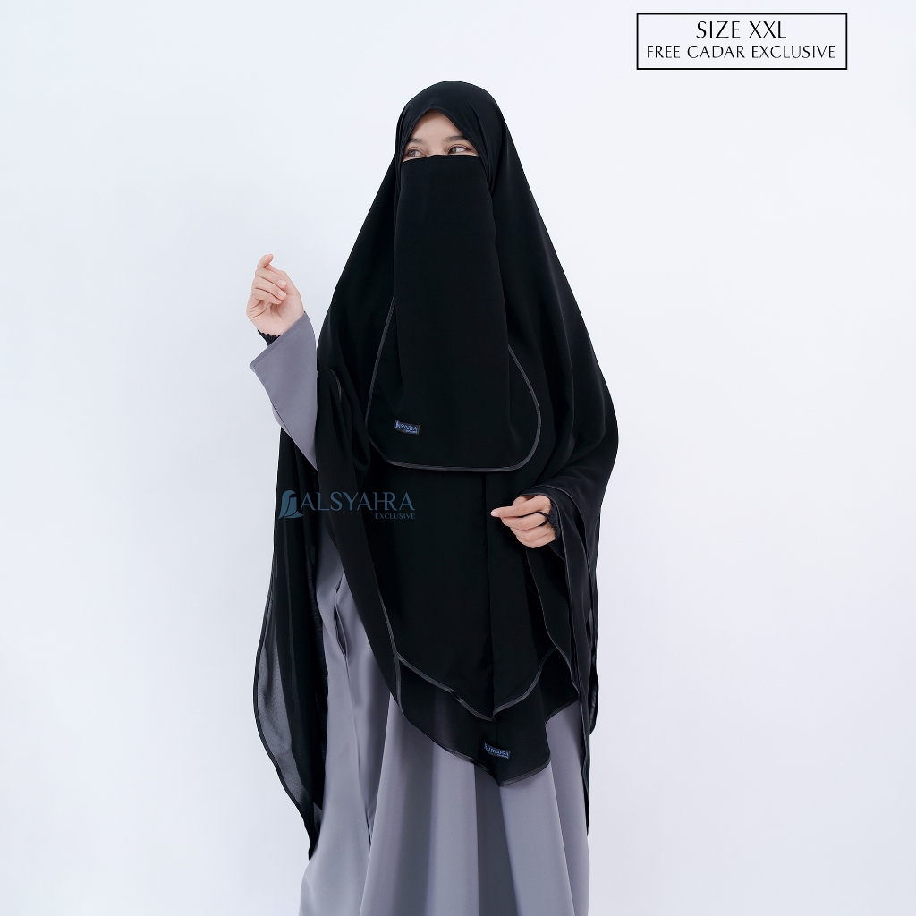 Alsyahra Exclusive - Set Khimar Syari Shofa Bisban 2 Layer Cadar Sifon Silk Jetblack Size XXL