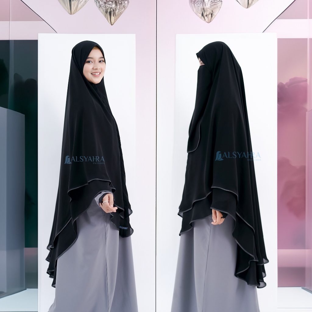 Alsyahra Exclusive - Set Khimar Syari Shofa Bisban 2 Layer Cadar Sifon Silk Jetblack Size XXL