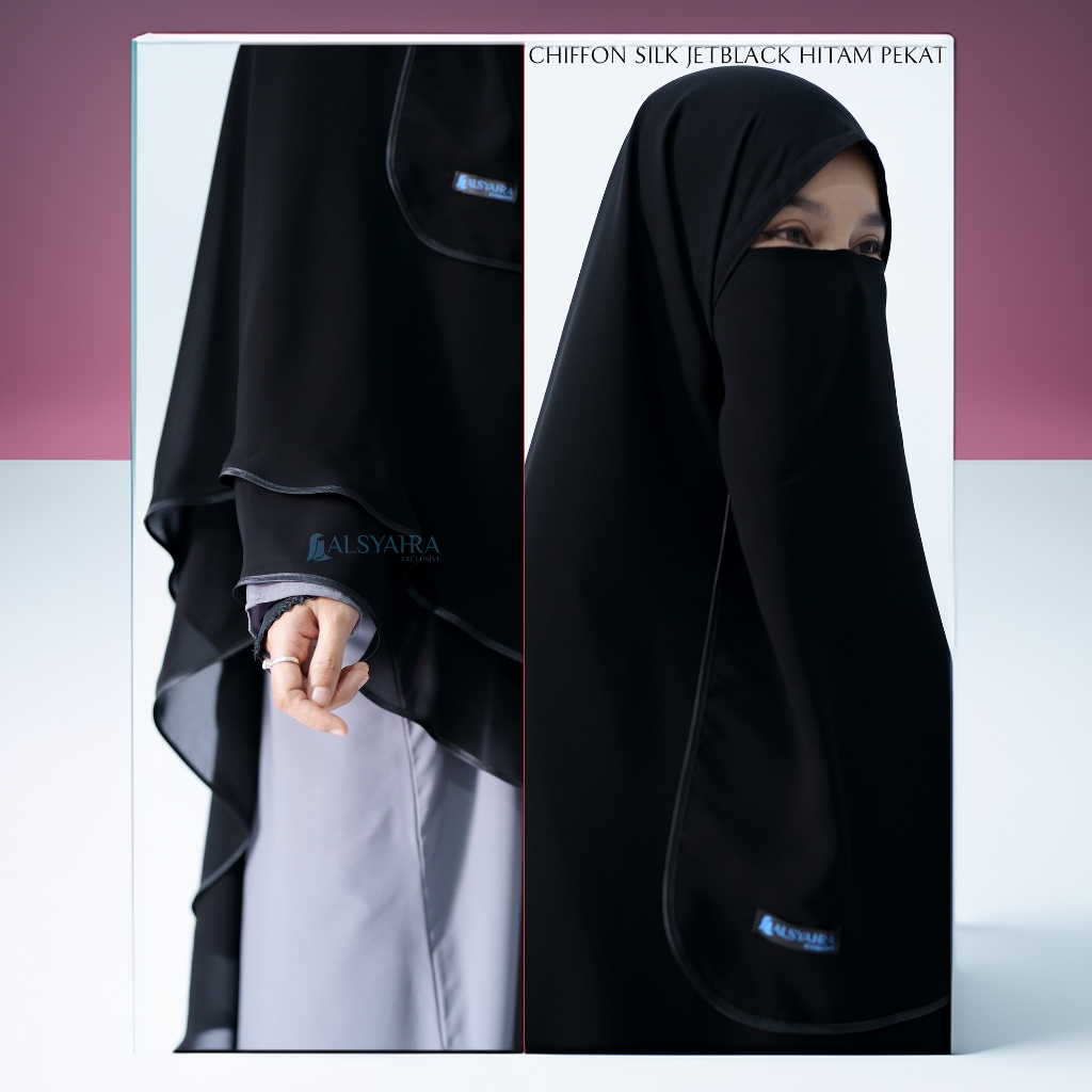 Alsyahra Exclusive - Set Khimar Syari Shofa Bisban 2 Layer Cadar Sifon Silk Jetblack Size XXL