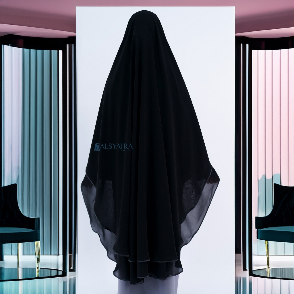 Alsyahra Exclusive - Set Khimar Syari Shofa Bisban 2 Layer Cadar Sifon Silk Jetblack Size XXL