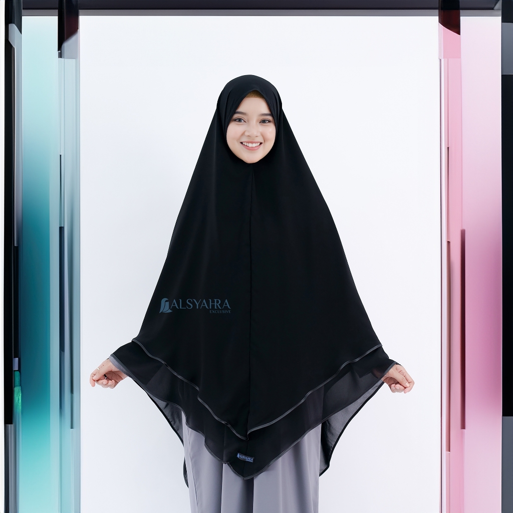 Alsyahra Exclusive - Set Khimar Syari Shofa Bisban 2 Layer Cadar Sifon Silk Jetblack Size XXL
