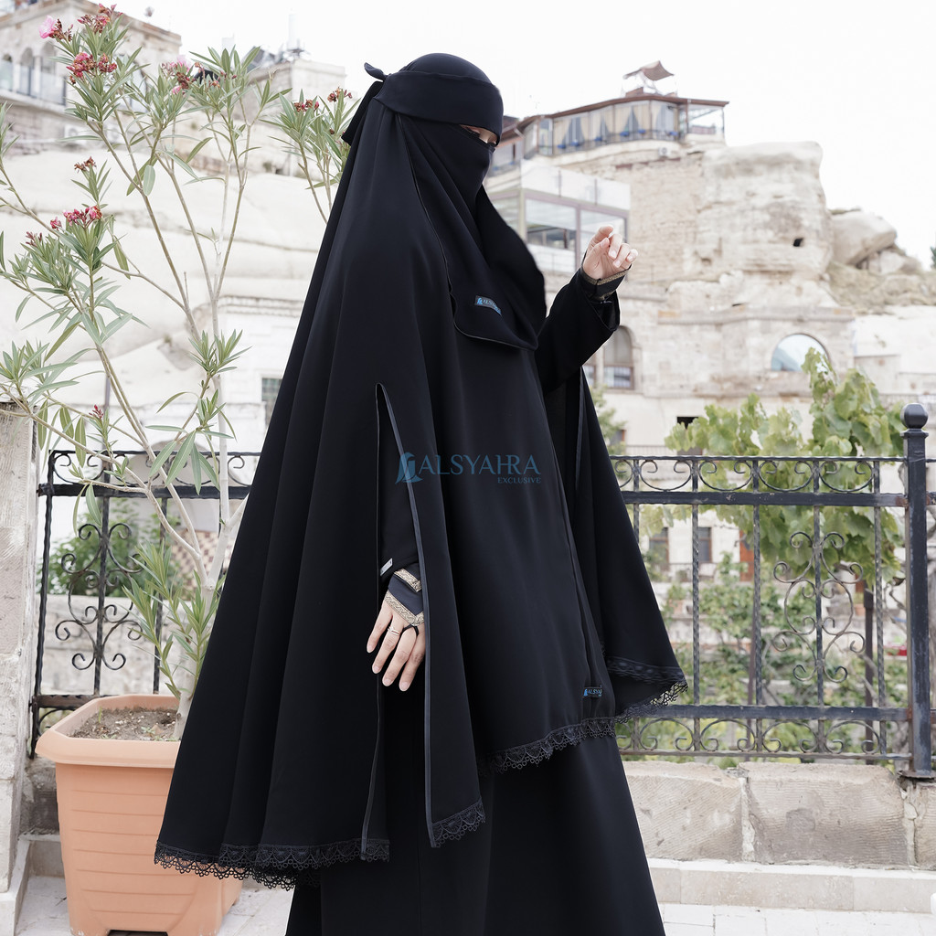 Alsyahra Exclusive - Set Khimar Syari Altaj Handsplit Bisban Niqab Poni Jetblack