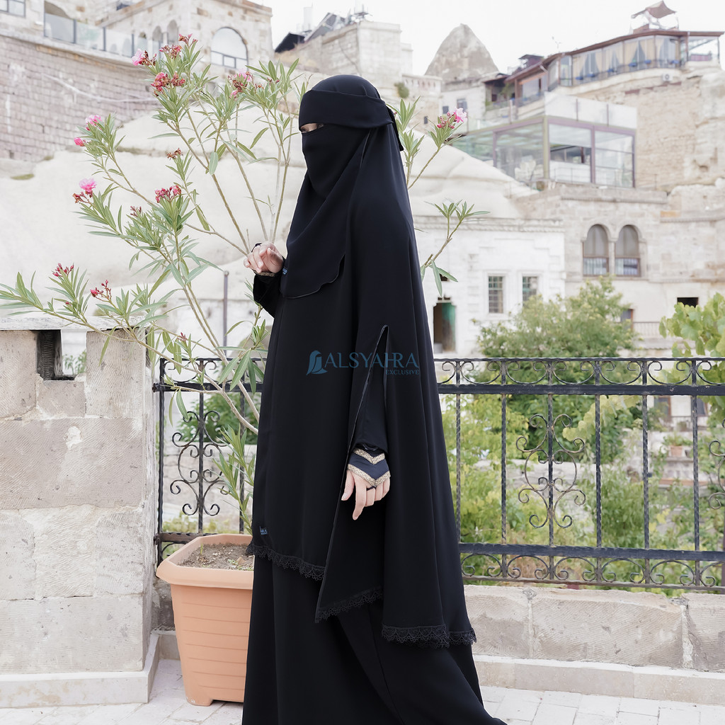 Alsyahra Exclusive - Set Khimar Syari Altaj Handsplit Bisban Niqab Poni Jetblack