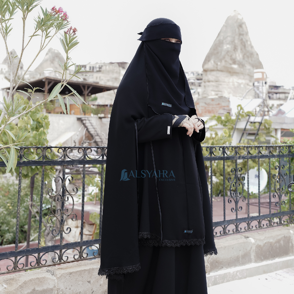 Alsyahra Exclusive - Set Khimar Syari Altaj Handsplit Bisban Niqab Poni Jetblack
