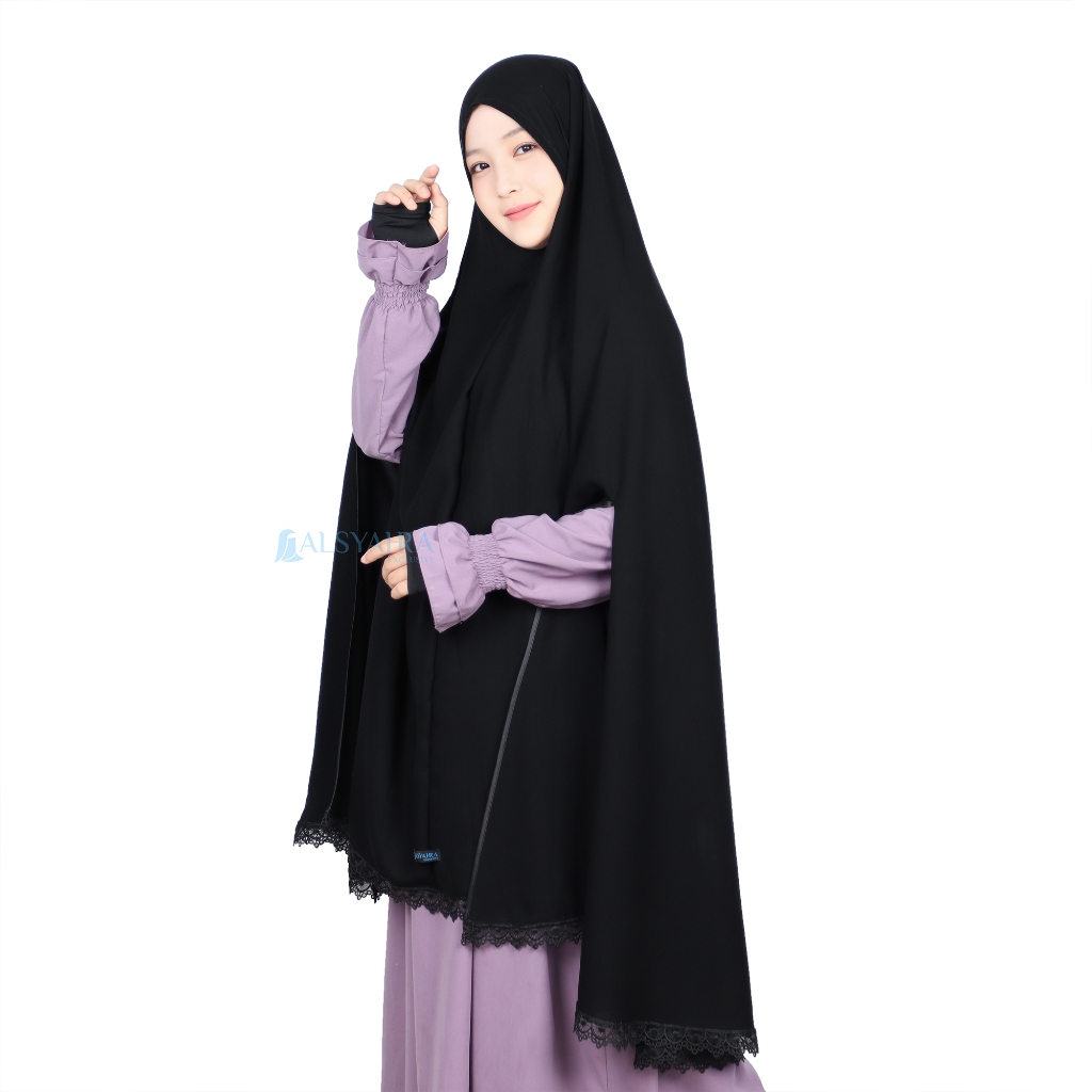 Alsyahra Exclusive - Set Khimar Syari Altaj Handsplit Bisban Niqab Poni Jetblack