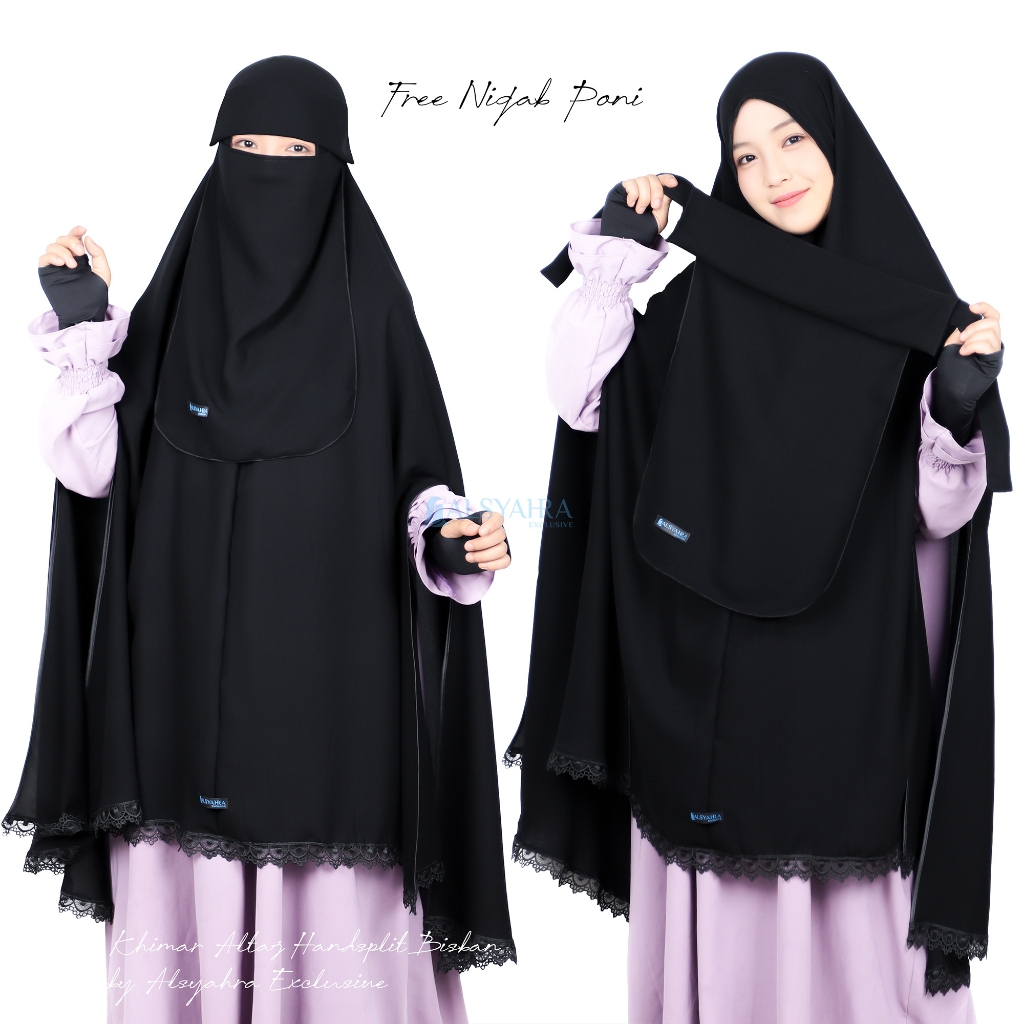 Alsyahra Exclusive - Set Khimar Syari Altaj Handsplit Bisban Niqab Poni Jetblack