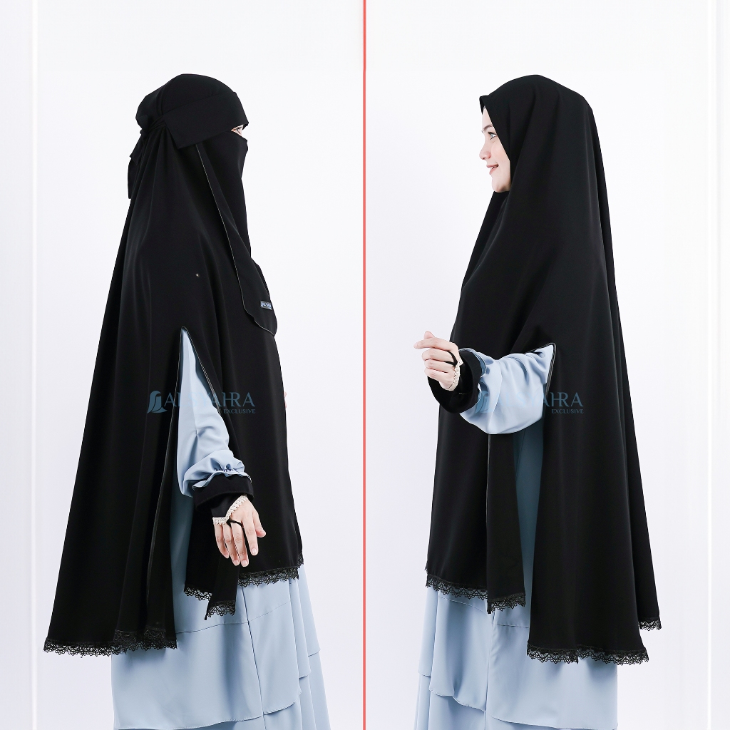 Alsyahra Exclusive - Set Khimar Syari Altaj Handsplit Bisban Niqab Poni Jetblack