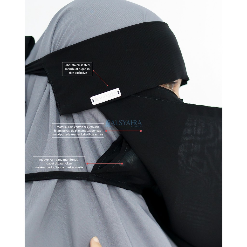 Alsyahra Exclusive Masker Cadar Niqab Poni Himayah Sifon Silk Jetblack