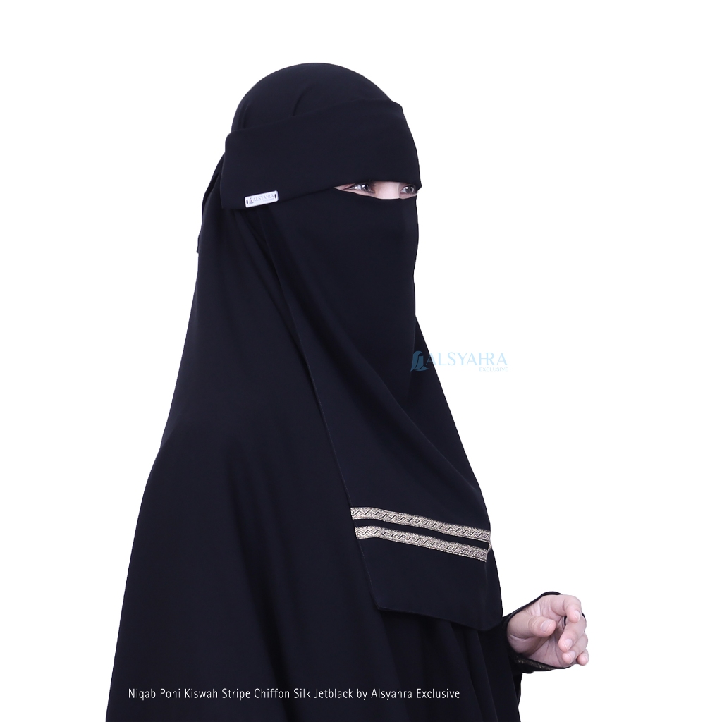 Alsyahra Exclusive - Niqab Poni Kiswah Stripe Sifon Silk Jetblack Arab
