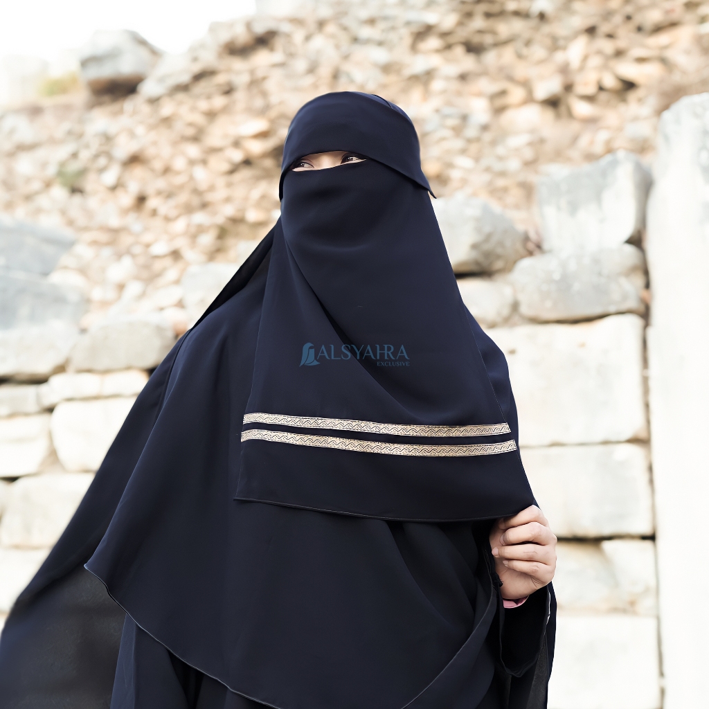 Alsyahra Exclusive - Niqab Poni Kiswah Stripe Sifon Silk Jetblack Arab