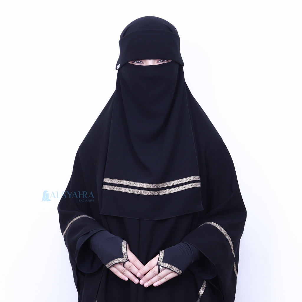 Alsyahra Exclusive - Niqab Poni Kiswah Stripe Sifon Silk Jetblack Arab