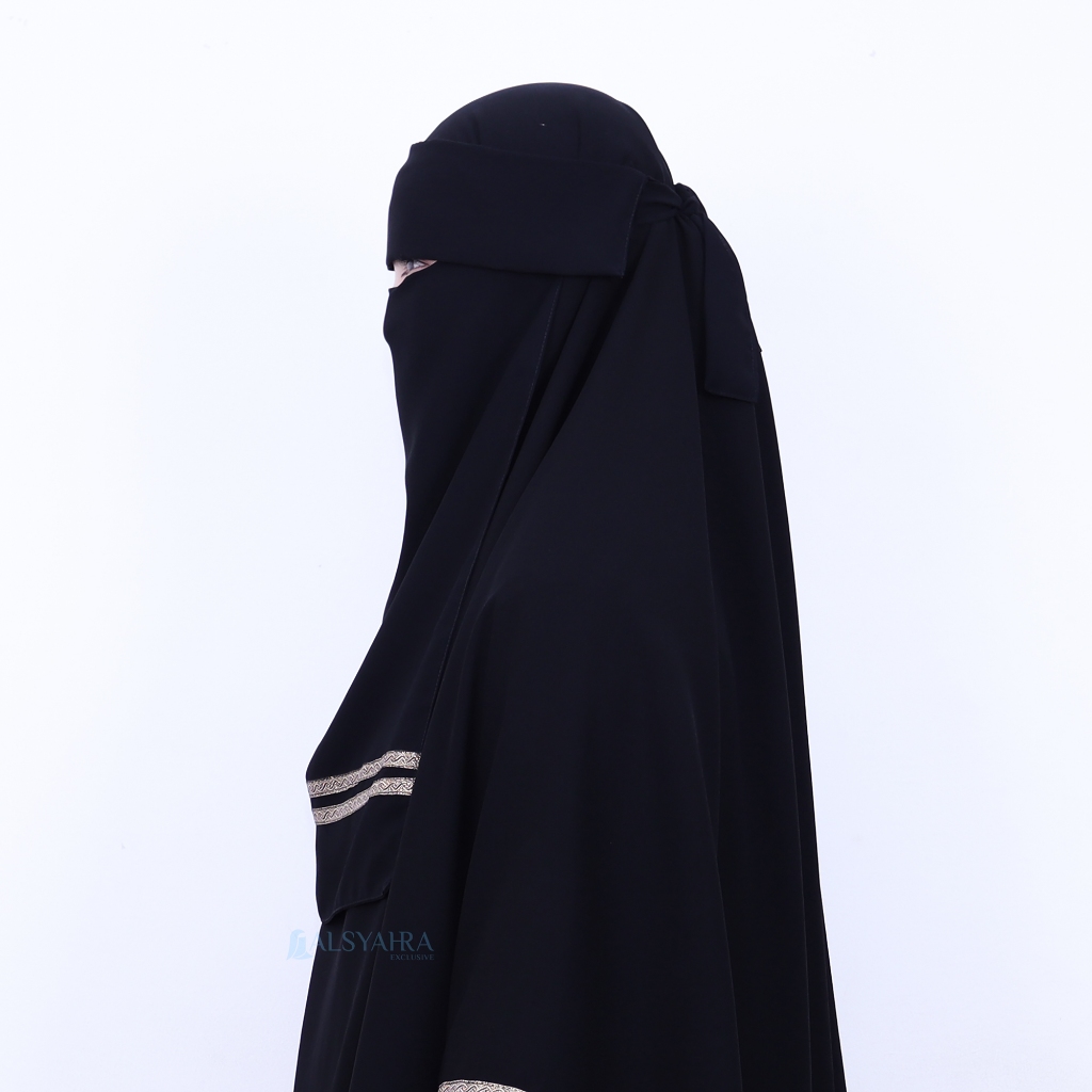 Alsyahra Exclusive - Niqab Poni Kiswah Stripe Sifon Silk Jetblack Arab