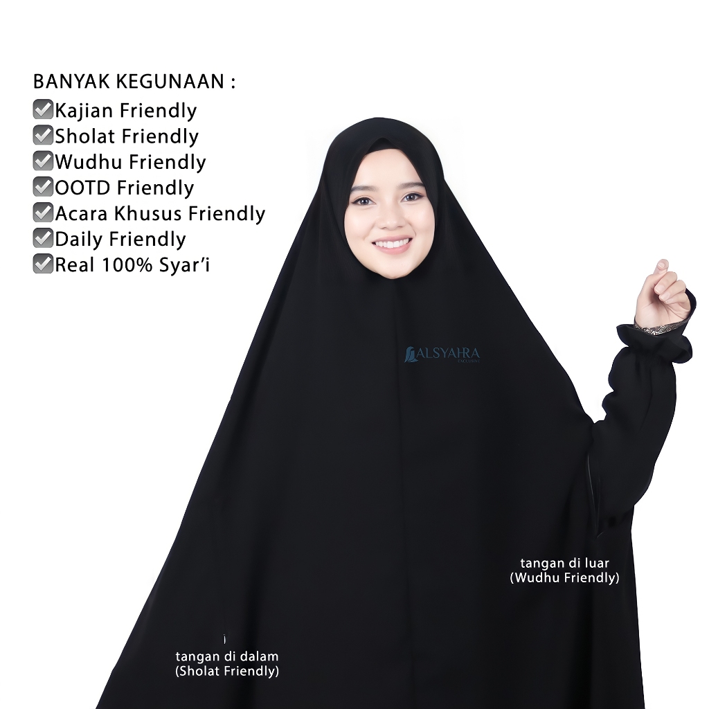 Alsyahra Exclusive - Set Khimar Syari Handzipper Altaj Niqab Poni Jetblack Size XXL