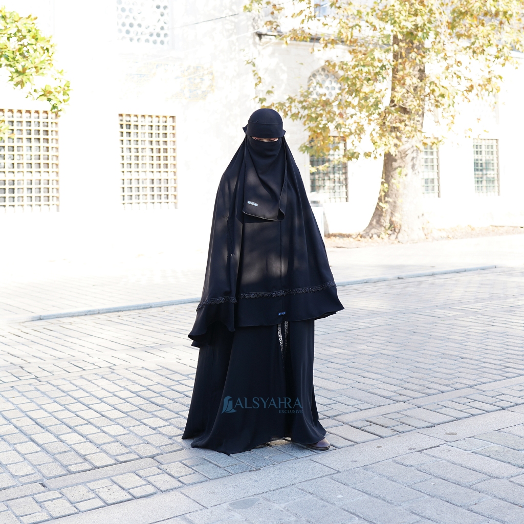Alsyahra Exclusive - Set Khimar Syari Handzipper Altaj Niqab Poni Jetblack Size XXL