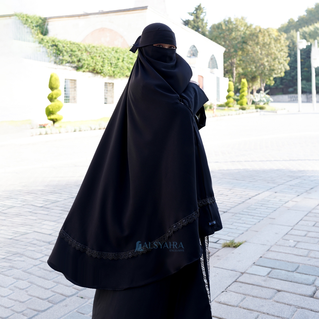 Alsyahra Exclusive - Set Khimar Syari Handzipper Altaj Niqab Poni Jetblack Size XXL