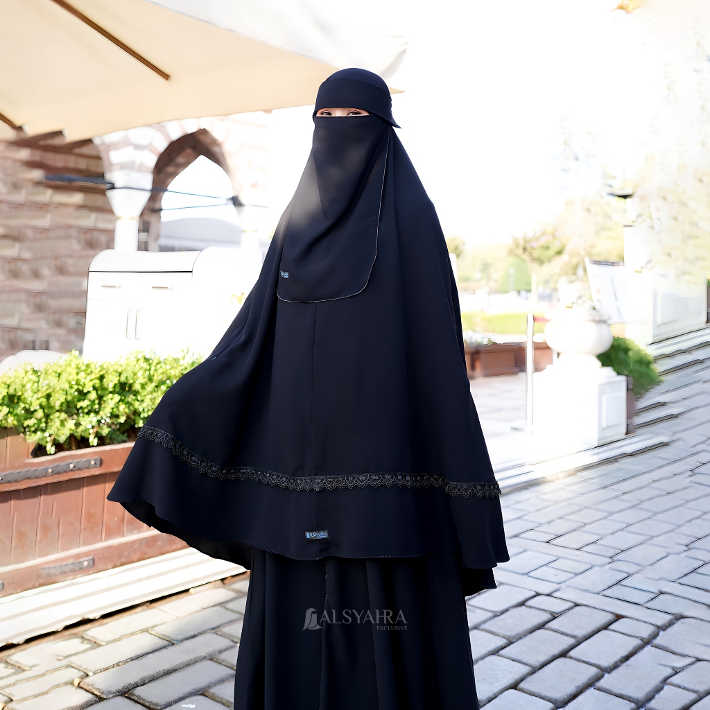 Alsyahra Exclusive - Set Khimar Syari Handzipper Altaj Niqab Poni Jetblack Size XXL