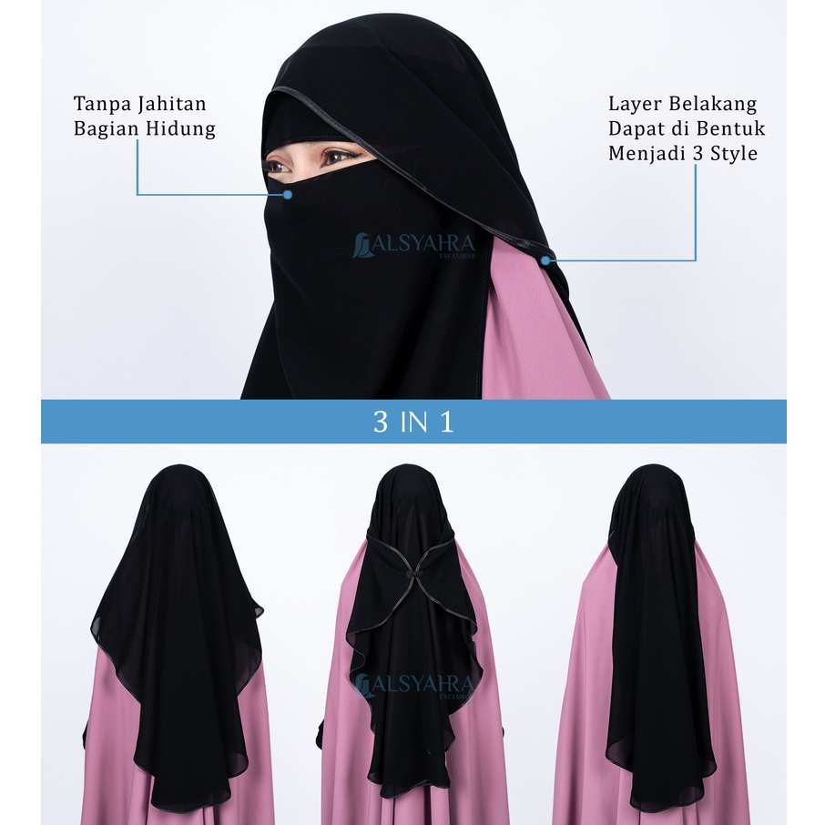 Alsyahra Exclusive - Niqab Butterfly Kancing Sifon Silk Jetblack