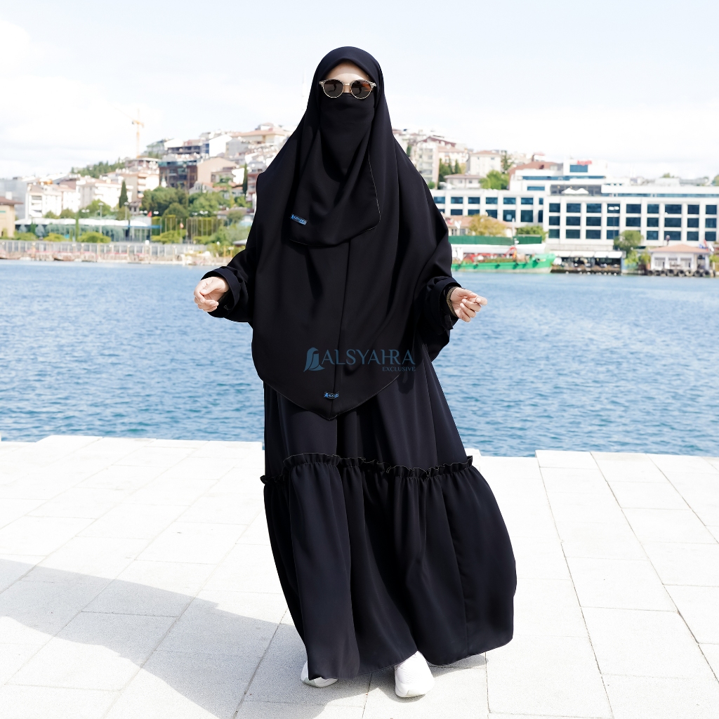 Alsyahra Exclusive - Set Khimar Instan Syari Aisyah Cadar Tali Jetblack