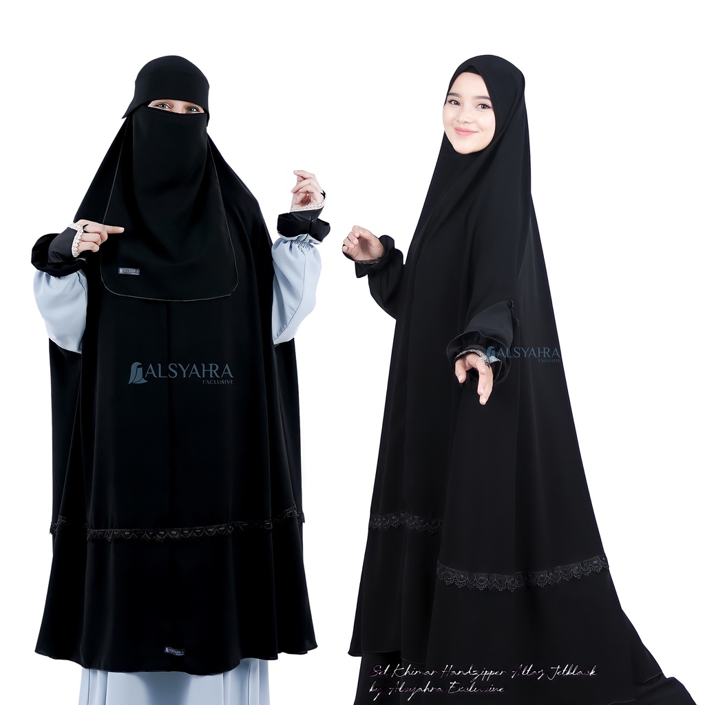 Alsyahra Exclusive - Set Long Khimar Syari Handzipper Altaj Haramain Niqab Poni Jetblack