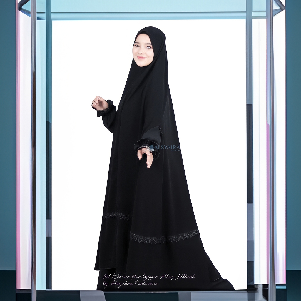 Alsyahra Exclusive - Set Long Khimar Syari Handzipper Altaj Haramain Niqab Poni Jetblack