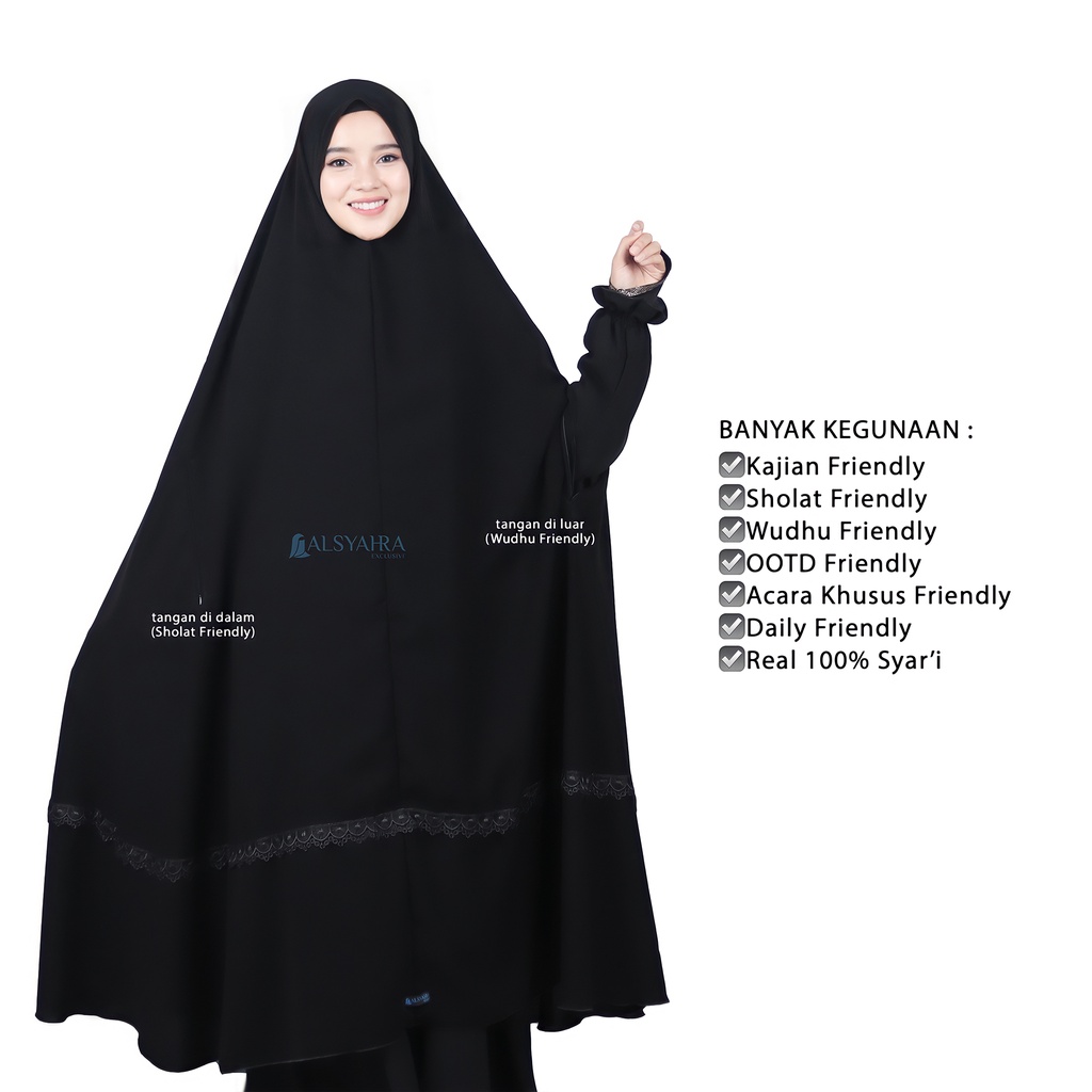 Alsyahra Exclusive - Set Long Khimar Syari Handzipper Altaj Haramain Niqab Poni Jetblack