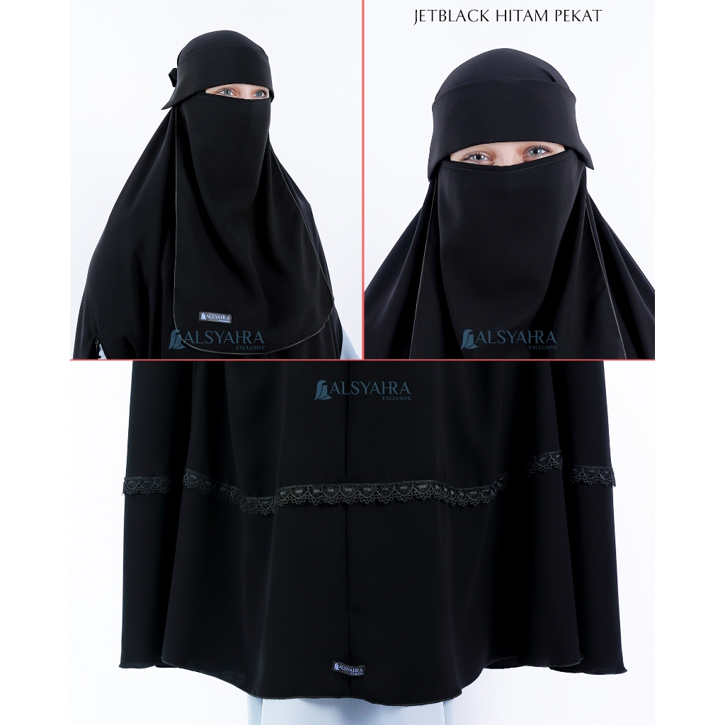Alsyahra Exclusive - Set Long Khimar Syari Handzipper Altaj Haramain Niqab Poni Jetblack