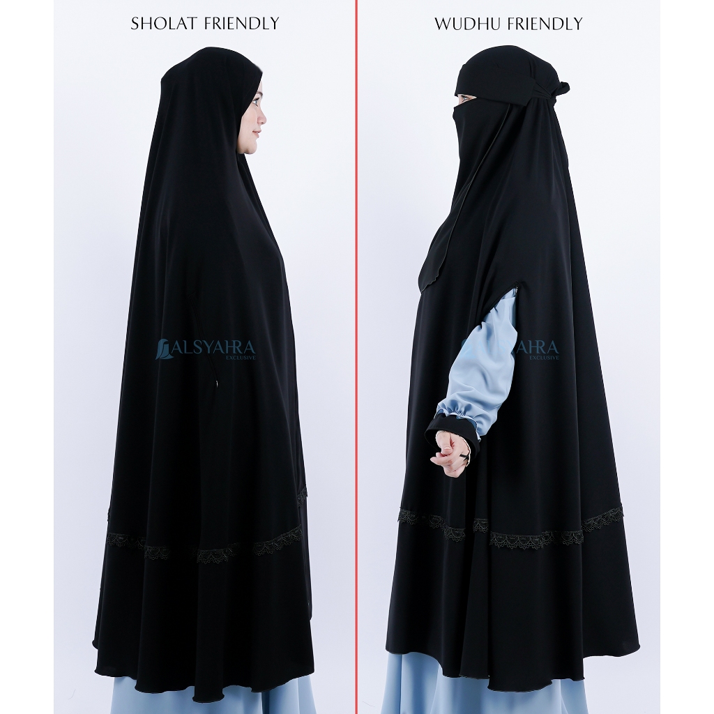 Alsyahra Exclusive - Set Long Khimar Syari Handzipper Altaj Haramain Niqab Poni Jetblack