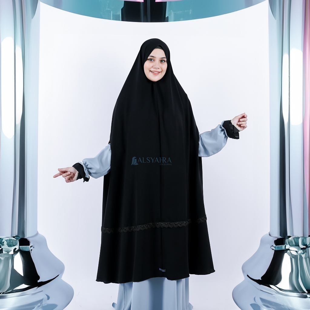 Alsyahra Exclusive - Set Long Khimar Syari Handzipper Altaj Haramain Niqab Poni Jetblack