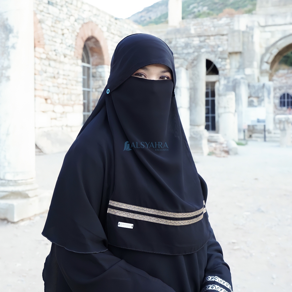 Alsyahra Exclusive - Niqab Poni Kancing Raudhah Kiswah Stripe Sifon Silk Jetblack Arab