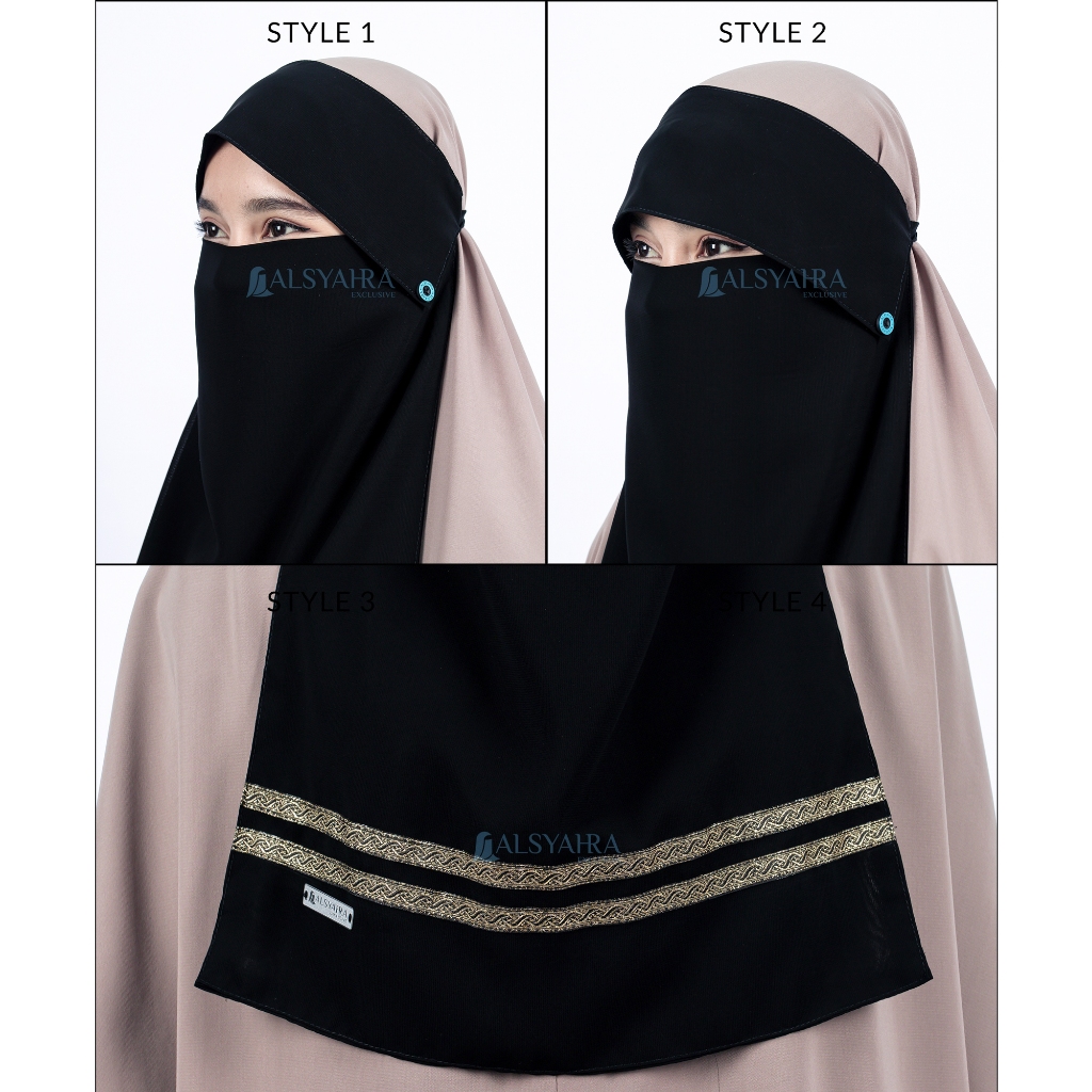 Alsyahra Exclusive - Niqab Poni Kancing Raudhah Kiswah Stripe Sifon Silk Jetblack Arab