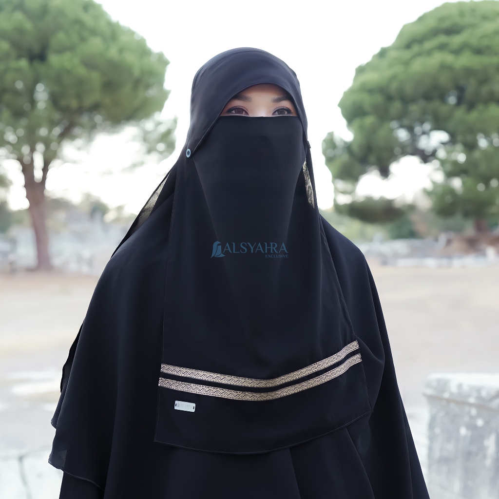 Alsyahra Exclusive - Niqab Poni Kancing Raudhah Kiswah Stripe Sifon Silk Jetblack Arab