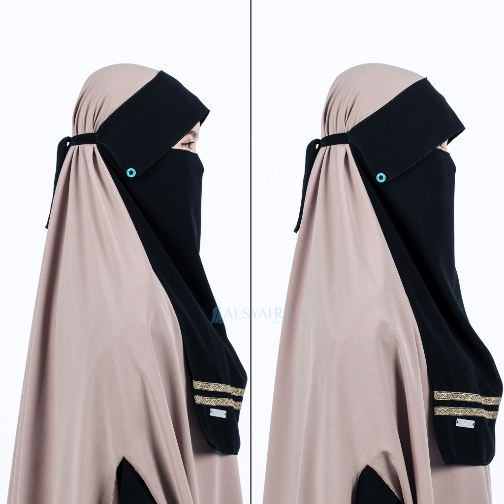 Alsyahra Exclusive - Niqab Poni Kancing Raudhah Kiswah Stripe Sifon Silk Jetblack Arab