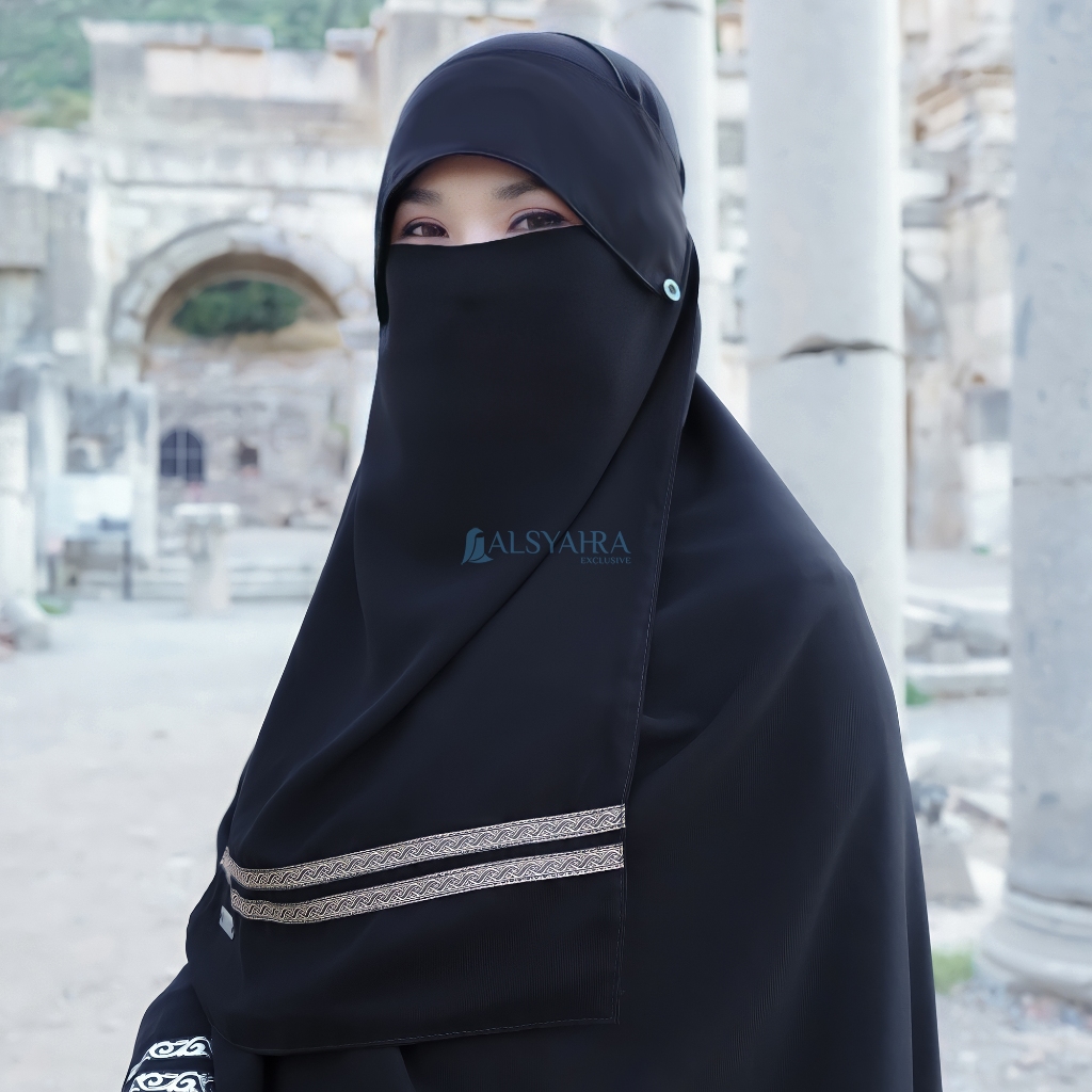 Alsyahra Exclusive - Niqab Poni Kancing Raudhah Kiswah Stripe Sifon Silk Jetblack Arab