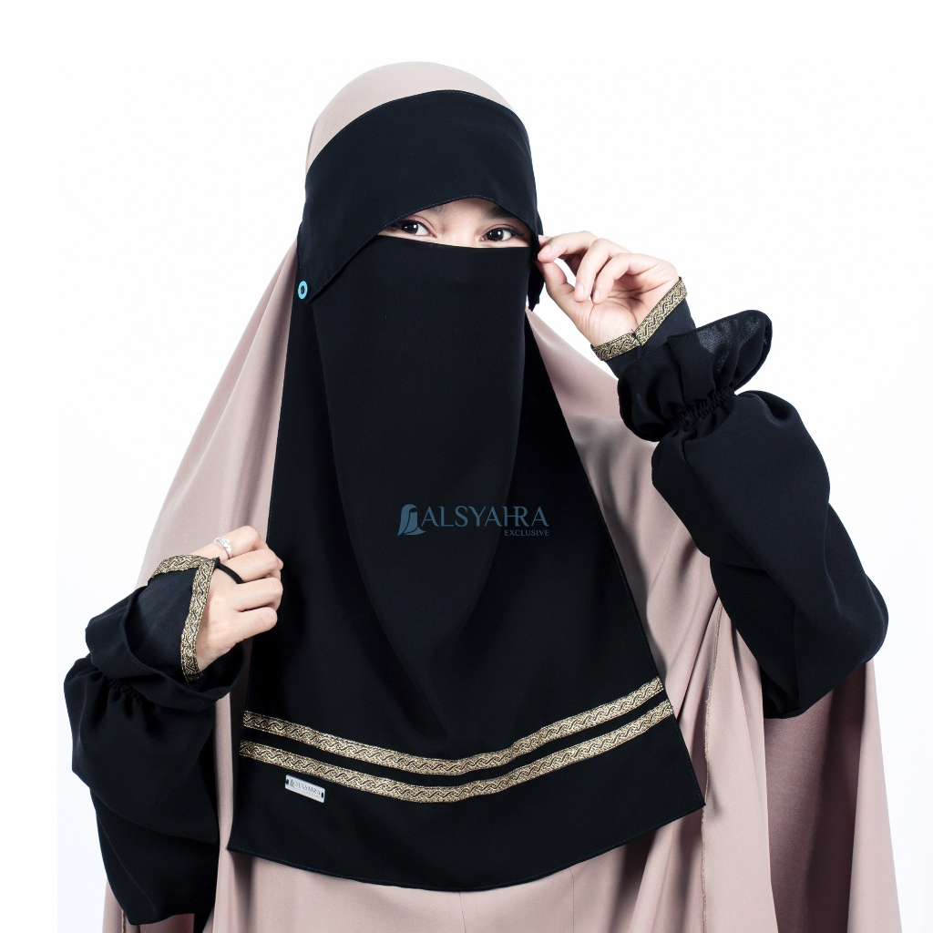 Alsyahra Exclusive - Niqab Poni Kancing Raudhah Kiswah Stripe Sifon Silk Jetblack Arab