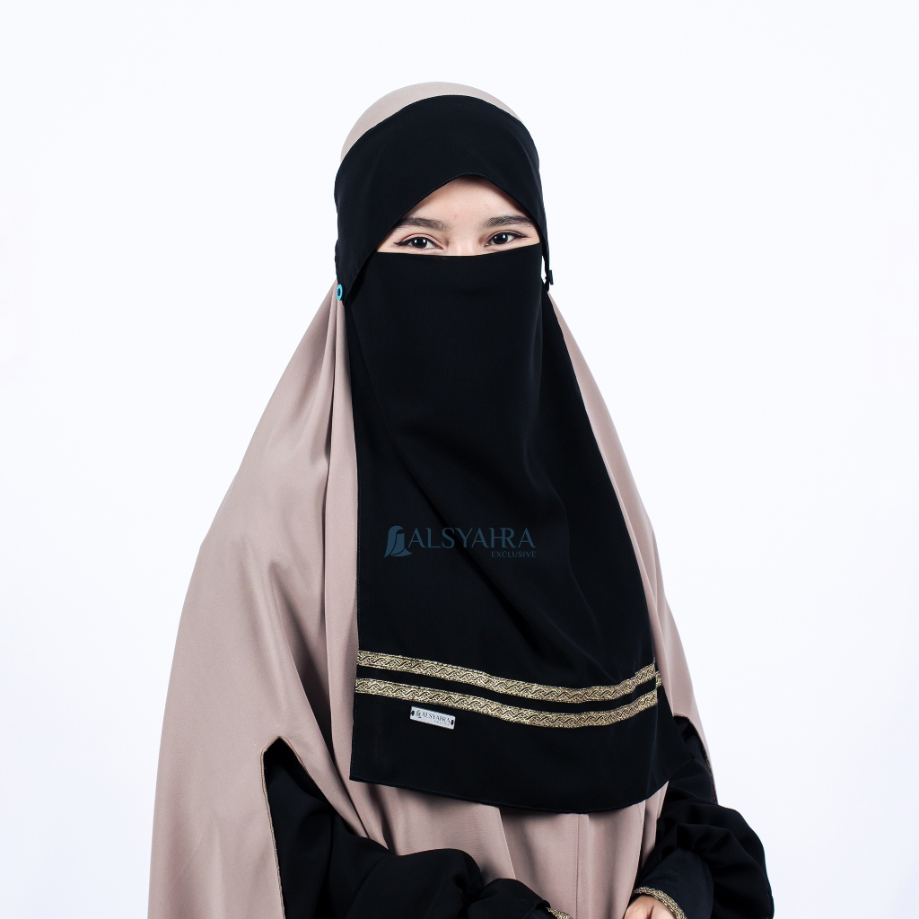 Alsyahra Exclusive - Niqab Poni Kancing Raudhah Kiswah Stripe Sifon Silk Jetblack Arab