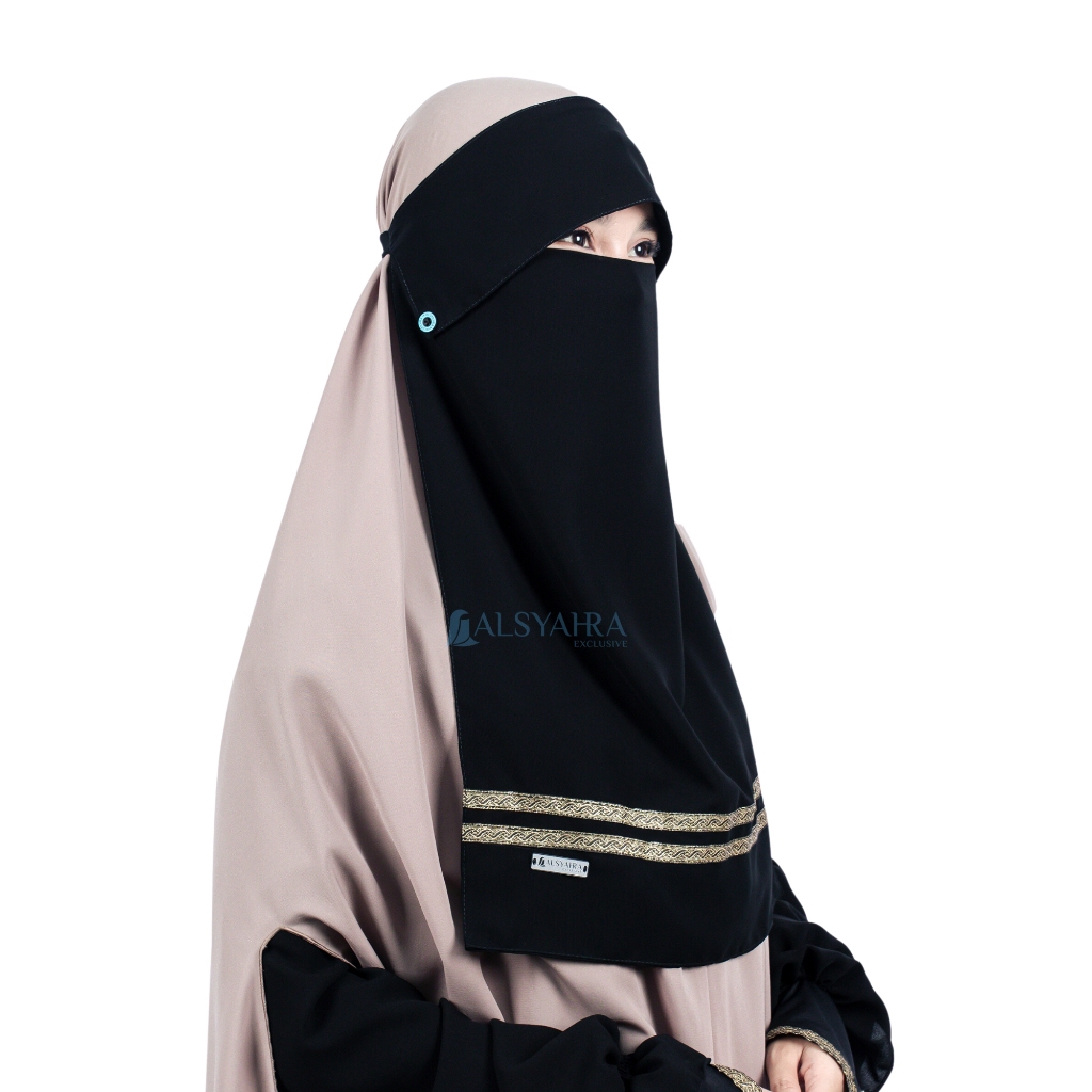 Alsyahra Exclusive - Niqab Poni Kancing Raudhah Kiswah Stripe Sifon Silk Jetblack Arab