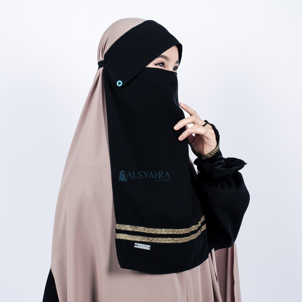 Alsyahra Exclusive - Niqab Poni Kancing Raudhah Kiswah Stripe Sifon Silk Jetblack Arab